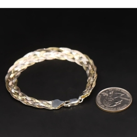 Sterling silver 7" herringbone chain 7‎ mm braided tri color bracelet - Picture 4 of 5